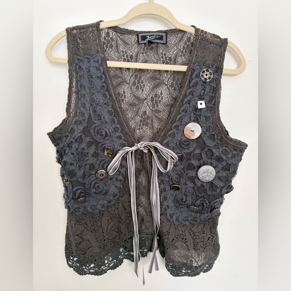 Charcoal Lace Button-Detail Vest